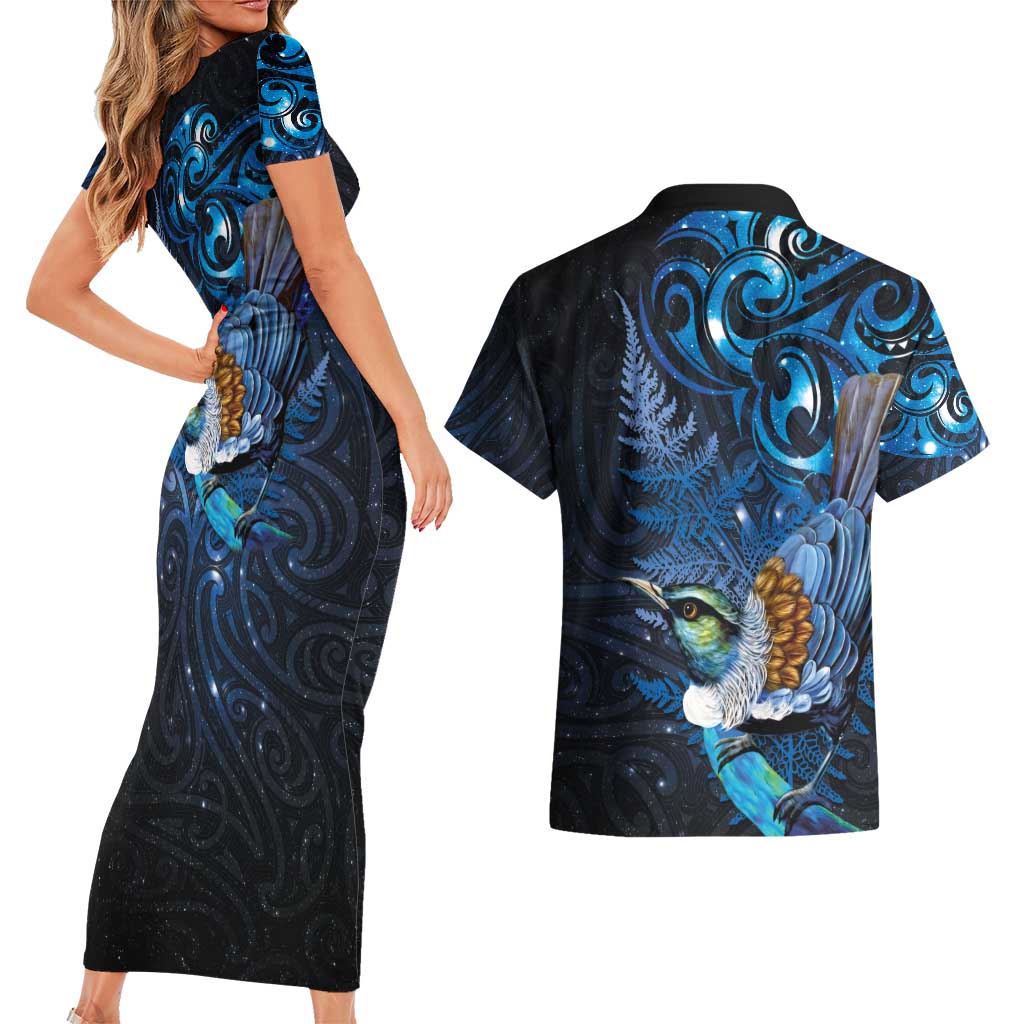 Aotearoa Matariki Couples Matching Short Sleeve Bodycon Dress and Hawaiian Shirt Maori Tribal with Silver Fern and Tui Bird Galaxy Style - Aussie Hoodie