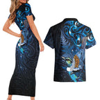 Aotearoa Matariki Couples Matching Short Sleeve Bodycon Dress and Hawaiian Shirt Maori Tribal with Silver Fern and Tui Bird Galaxy Style - Aussie Hoodie