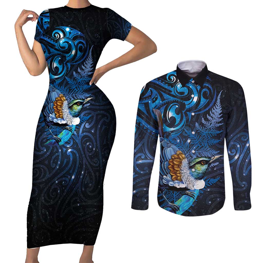 Aotearoa Matariki Couples Matching Short Sleeve Bodycon Dress and Long Sleeve Button Shirt Maori Tribal with Silver Fern and Tui Bird Galaxy Style - Aussie Hoodie