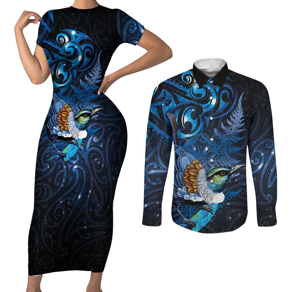 Aotearoa Matariki Couples Matching Short Sleeve Bodycon Dress and Long Sleeve Button Shirt Maori Tribal with Silver Fern and Tui Bird Galaxy Style - Aussie Hoodie