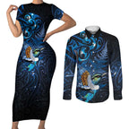 Aotearoa Matariki Couples Matching Short Sleeve Bodycon Dress and Long Sleeve Button Shirt Maori Tribal with Silver Fern and Tui Bird Galaxy Style - Aussie Hoodie