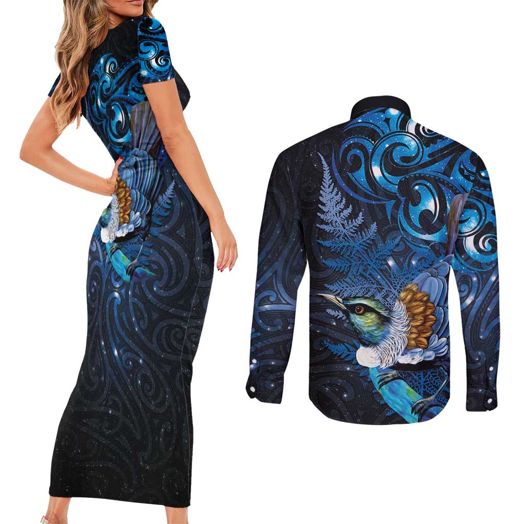 Aotearoa Matariki Couples Matching Short Sleeve Bodycon Dress and Long Sleeve Button Shirt Maori Tribal with Silver Fern and Tui Bird Galaxy Style - Aussie Hoodie