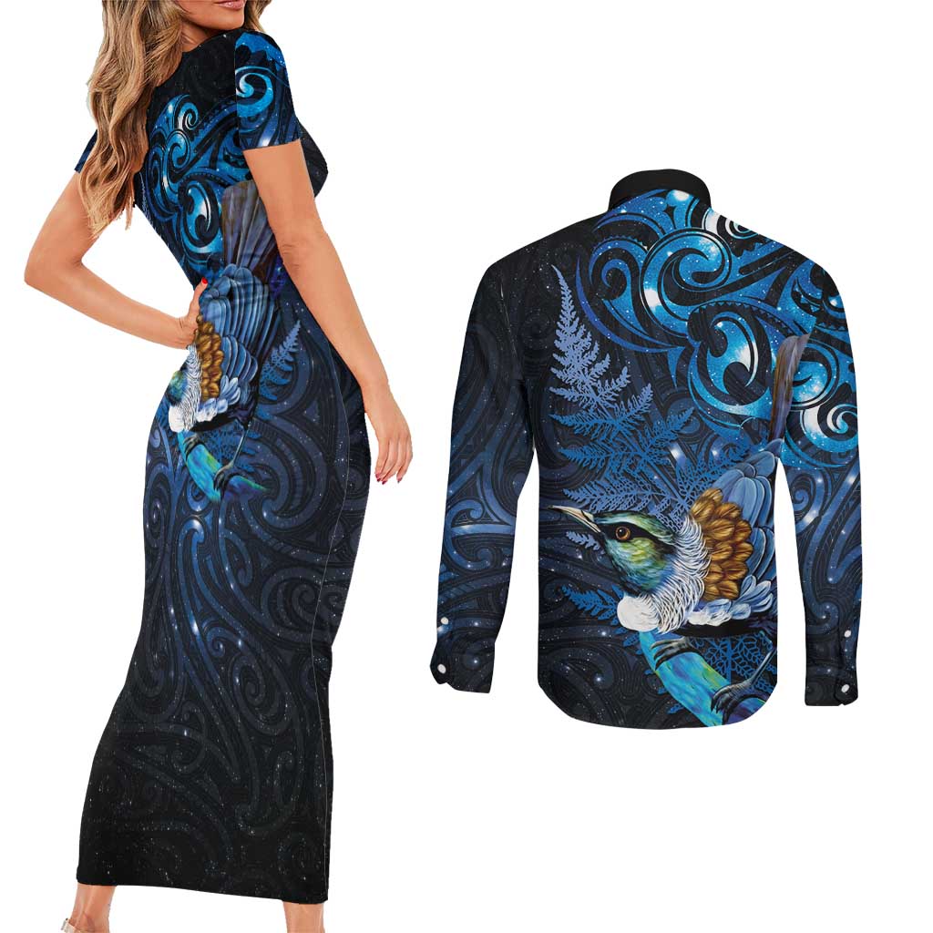 Aotearoa Matariki Couples Matching Short Sleeve Bodycon Dress and Long Sleeve Button Shirt Maori Tribal with Silver Fern and Tui Bird Galaxy Style - Aussie Hoodie