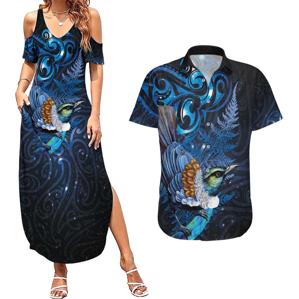 Aotearoa Matariki Couples Matching Summer Maxi Dress and Hawaiian Shirt Maori Tribal with Silver Fern and Tui Bird Galaxy Style - Aussie Hoodie