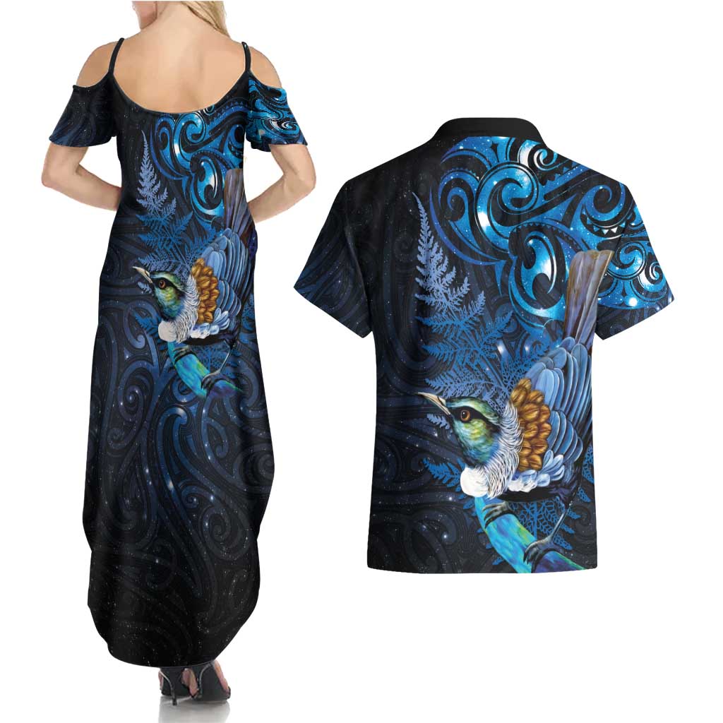 Aotearoa Matariki Couples Matching Summer Maxi Dress and Hawaiian Shirt Maori Tribal with Silver Fern and Tui Bird Galaxy Style - Aussie Hoodie
