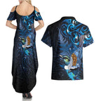Aotearoa Matariki Couples Matching Summer Maxi Dress and Hawaiian Shirt Maori Tribal with Silver Fern and Tui Bird Galaxy Style - Aussie Hoodie