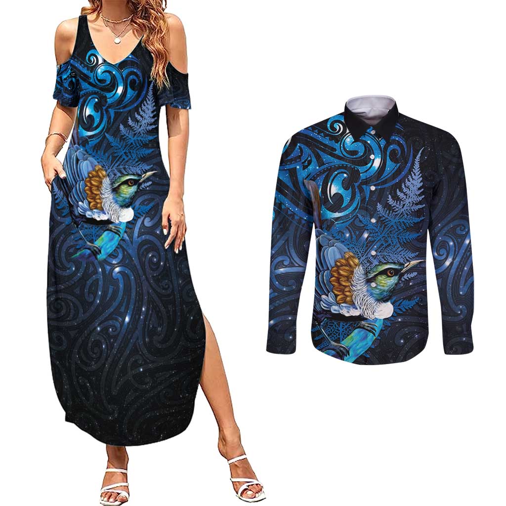 Aotearoa Matariki Couples Matching Summer Maxi Dress and Long Sleeve Button Shirt Maori Tribal with Silver Fern and Tui Bird Galaxy Style - Aussie Hoodie