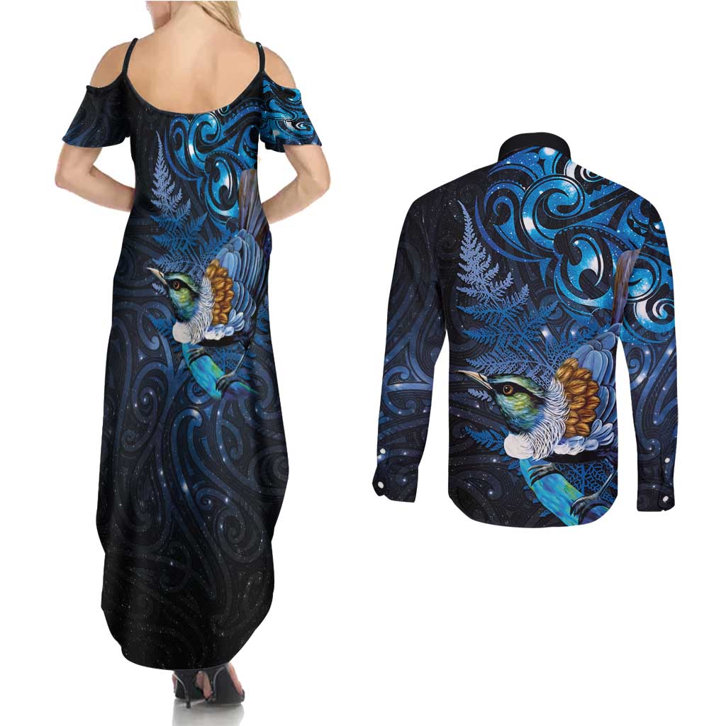 Aotearoa Matariki Couples Matching Summer Maxi Dress and Long Sleeve Button Shirt Maori Tribal with Silver Fern and Tui Bird Galaxy Style - Aussie Hoodie