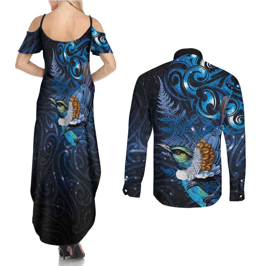 Aotearoa Matariki Couples Matching Summer Maxi Dress and Long Sleeve Button Shirt Maori Tribal with Silver Fern and Tui Bird Galaxy Style - Aussie Hoodie