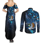 Aotearoa Matariki Couples Matching Summer Maxi Dress and Long Sleeve Button Shirt Maori Tribal with Silver Fern and Tui Bird Galaxy Style - Aussie Hoodie