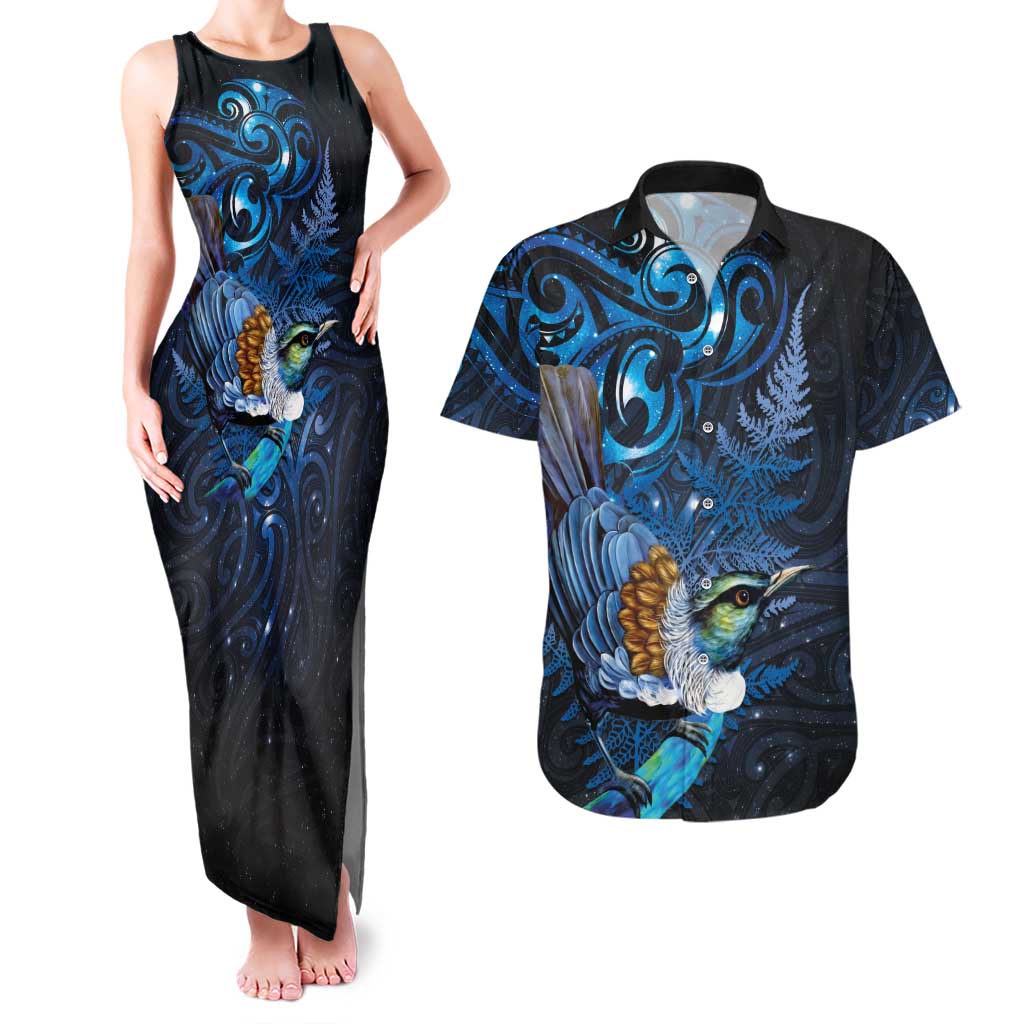 Aotearoa Matariki Couples Matching Tank Maxi Dress and Hawaiian Shirt Maori Tribal with Silver Fern and Tui Bird Galaxy Style - Aussie Hoodie