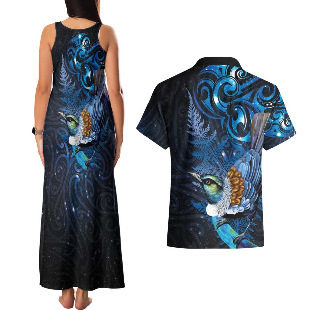 Aotearoa Matariki Couples Matching Tank Maxi Dress and Hawaiian Shirt Maori Tribal with Silver Fern and Tui Bird Galaxy Style - Aussie Hoodie