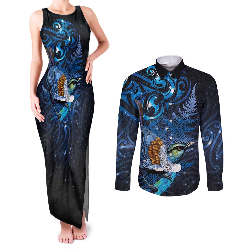 Aotearoa Matariki Couples Matching Tank Maxi Dress and Long Sleeve Button Shirt Maori Tribal with Silver Fern and Tui Bird Galaxy Style - Aussie Hoodie