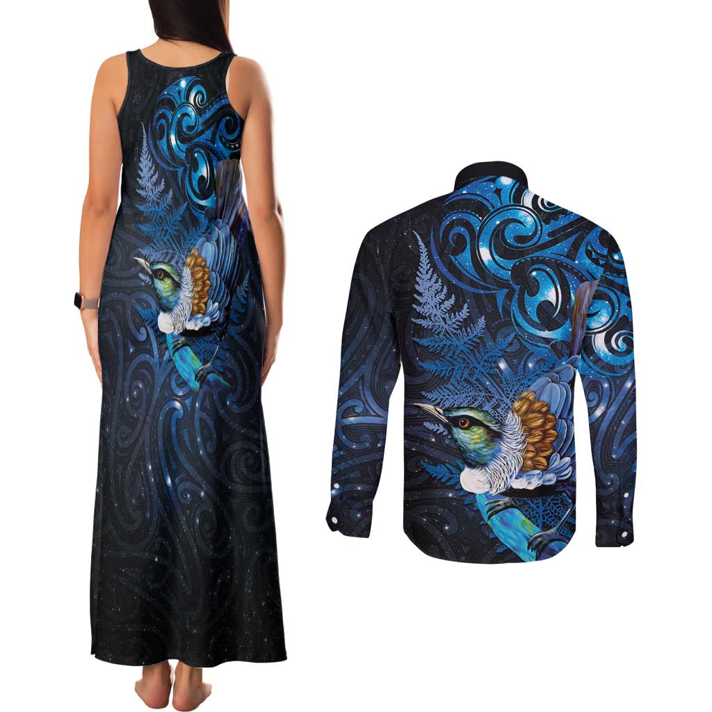 Aotearoa Matariki Couples Matching Tank Maxi Dress and Long Sleeve Button Shirt Maori Tribal with Silver Fern and Tui Bird Galaxy Style - Aussie Hoodie