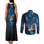 Aotearoa Matariki Couples Matching Tank Maxi Dress and Long Sleeve Button Shirt Maori Tribal with Silver Fern and Tui Bird Galaxy Style - Aussie Hoodie