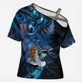 Aotearoa Matariki Cross Shoulder Shirt Maori Tribal with Silver Fern and Tui Bird Galaxy Style - Aussie Hoodie
