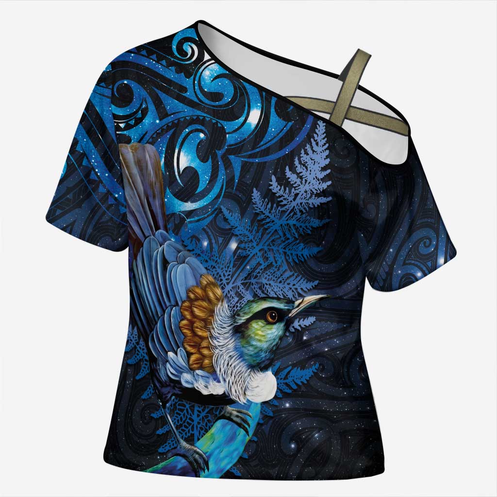 Aotearoa Matariki Cross Shoulder Shirt Maori Tribal with Silver Fern and Tui Bird Galaxy Style - Aussie Hoodie