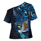 Aotearoa Matariki Cross Shoulder Shirt Maori Tribal with Silver Fern and Tui Bird Galaxy Style - Aussie Hoodie