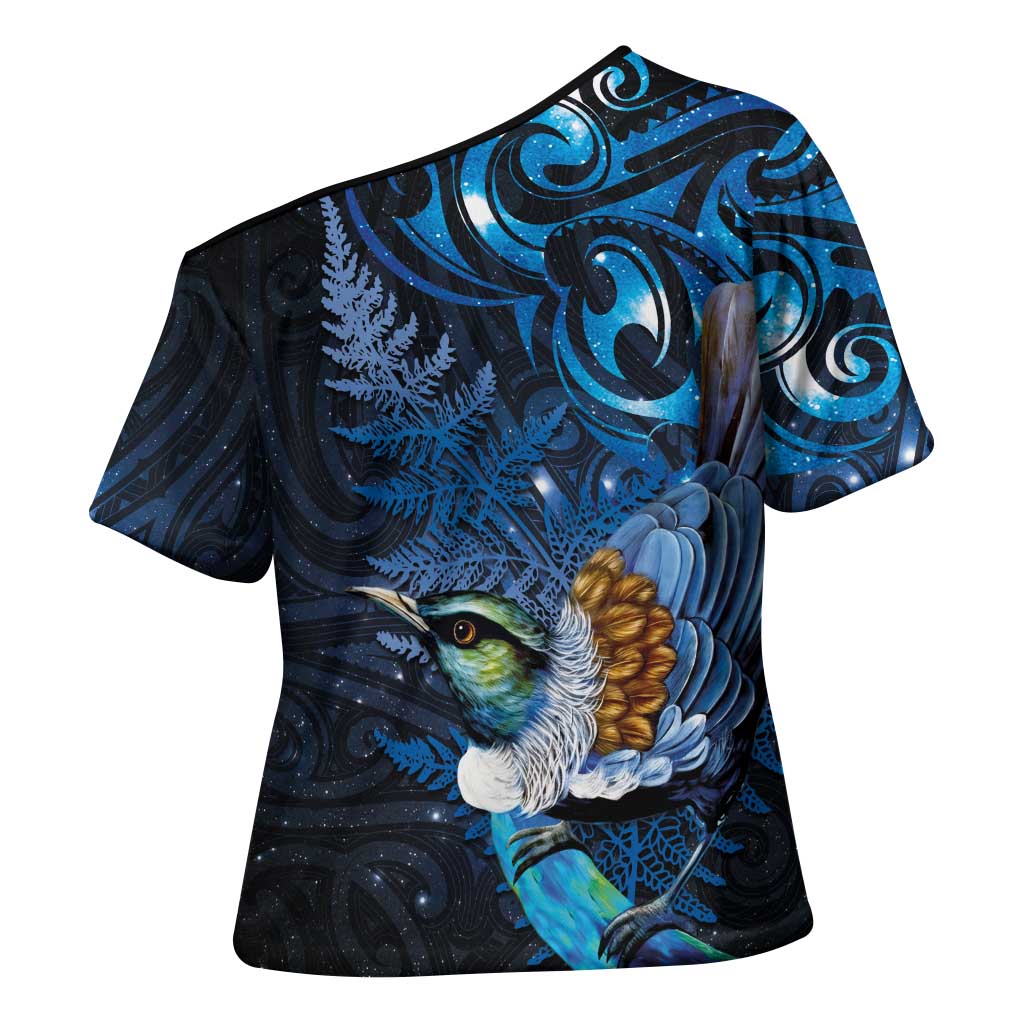 Aotearoa Matariki Cross Shoulder Shirt Maori Tribal with Silver Fern and Tui Bird Galaxy Style - Aussie Hoodie