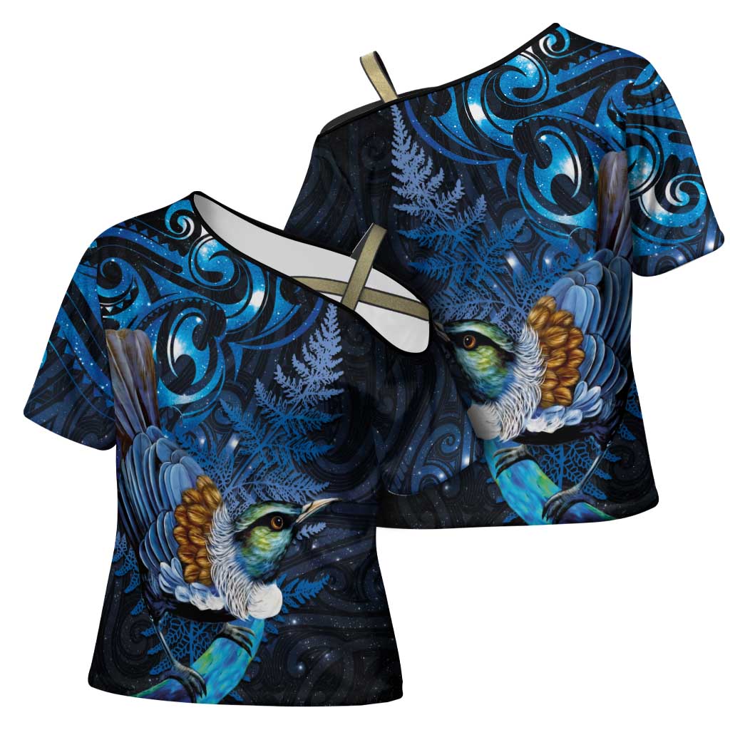 Aotearoa Matariki Cross Shoulder Shirt Maori Tribal with Silver Fern and Tui Bird Galaxy Style - Aussie Hoodie