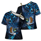 Aotearoa Matariki Cross Shoulder Shirt Maori Tribal with Silver Fern and Tui Bird Galaxy Style - Aussie Hoodie