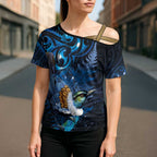 Aotearoa Matariki Cross Shoulder Shirt Maori Tribal with Silver Fern and Tui Bird Galaxy Style - Aussie Hoodie