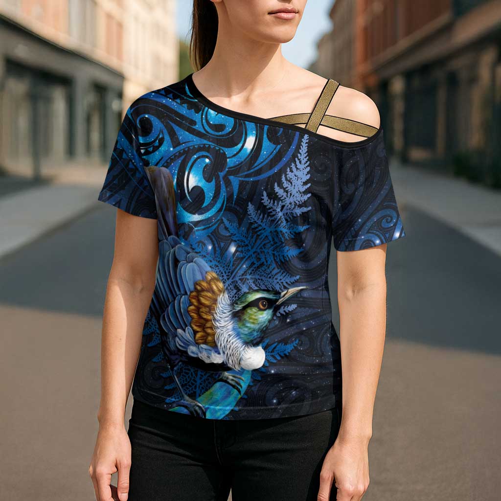 Aotearoa Matariki Cross Shoulder Shirt Maori Tribal with Silver Fern and Tui Bird Galaxy Style - Aussie Hoodie