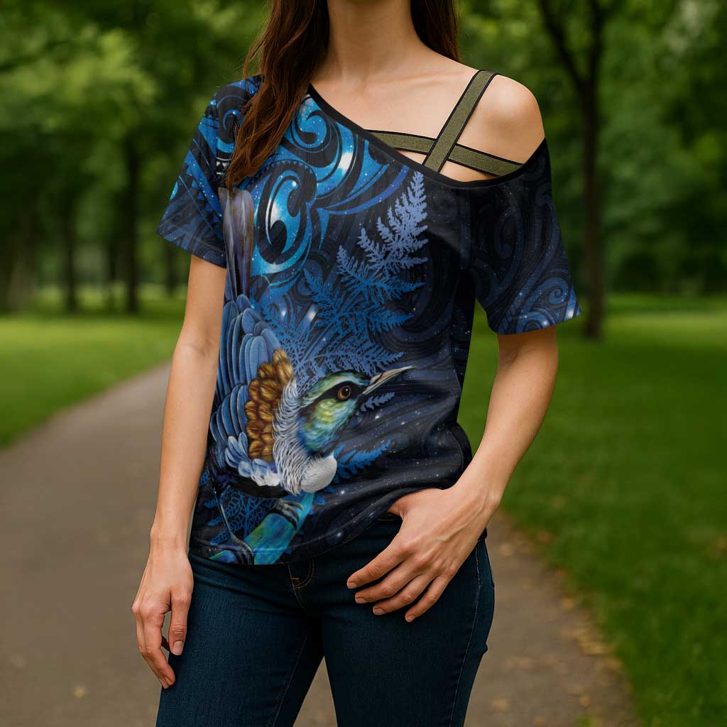 Aotearoa Matariki Cross Shoulder Shirt Maori Tribal with Silver Fern and Tui Bird Galaxy Style - Aussie Hoodie