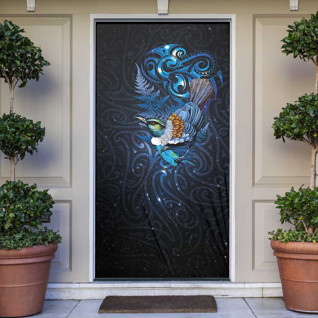 Aotearoa Matariki Door Cover Maori Tribal with Silver Fern and Tui Bird Galaxy Style - Aussie Hoodie