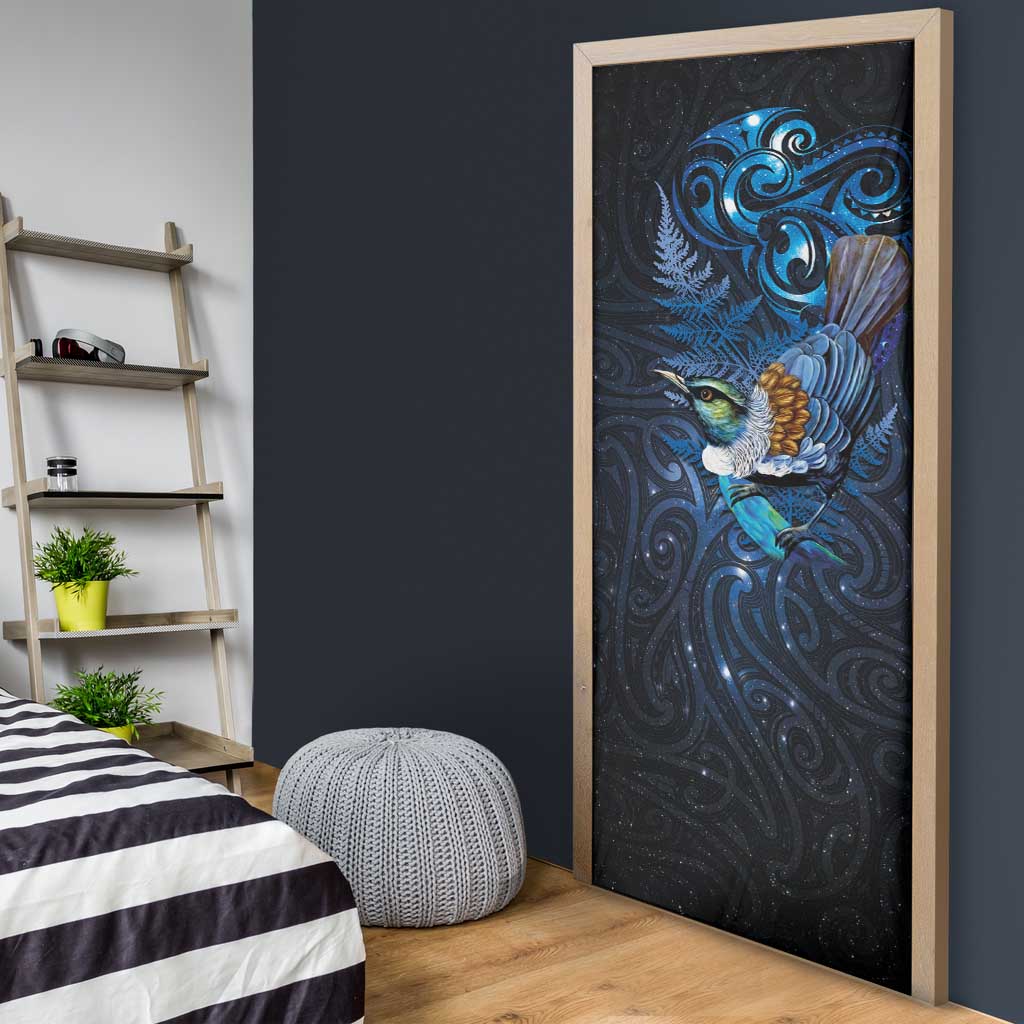 Aotearoa Matariki Door Cover Maori Tribal with Silver Fern and Tui Bird Galaxy Style - Aussie Hoodie