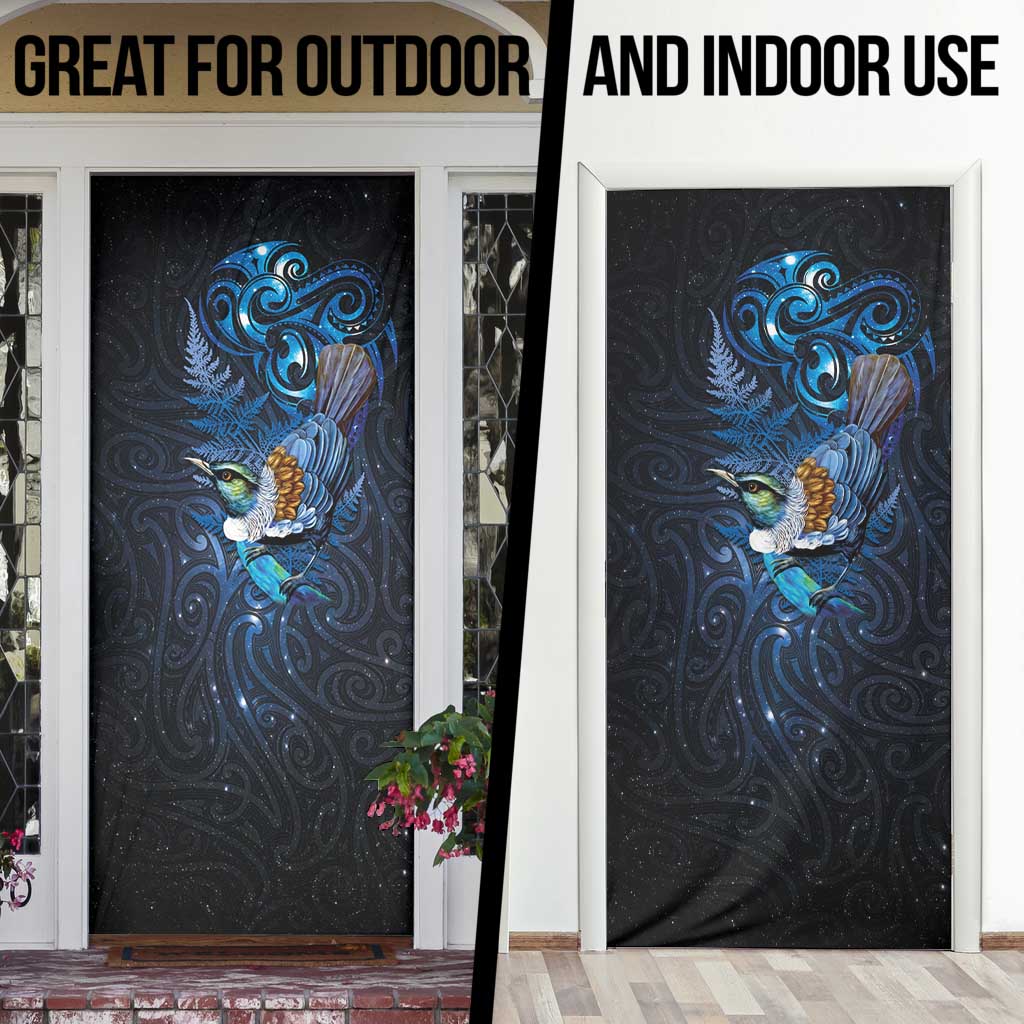 Aotearoa Matariki Door Cover Maori Tribal with Silver Fern and Tui Bird Galaxy Style - Aussie Hoodie
