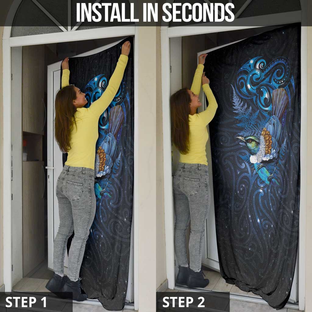 Aotearoa Matariki Door Cover Maori Tribal with Silver Fern and Tui Bird Galaxy Style - Aussie Hoodie