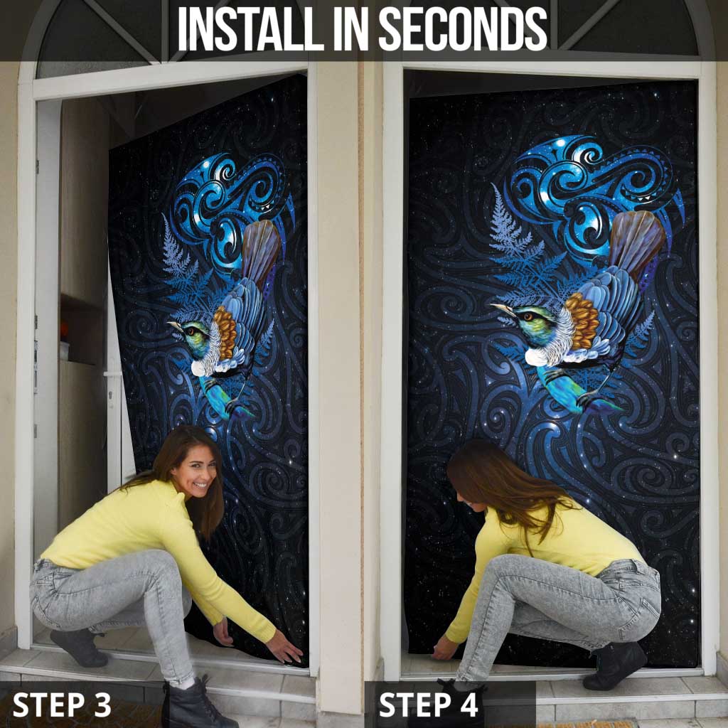 Aotearoa Matariki Door Cover Maori Tribal with Silver Fern and Tui Bird Galaxy Style - Aussie Hoodie