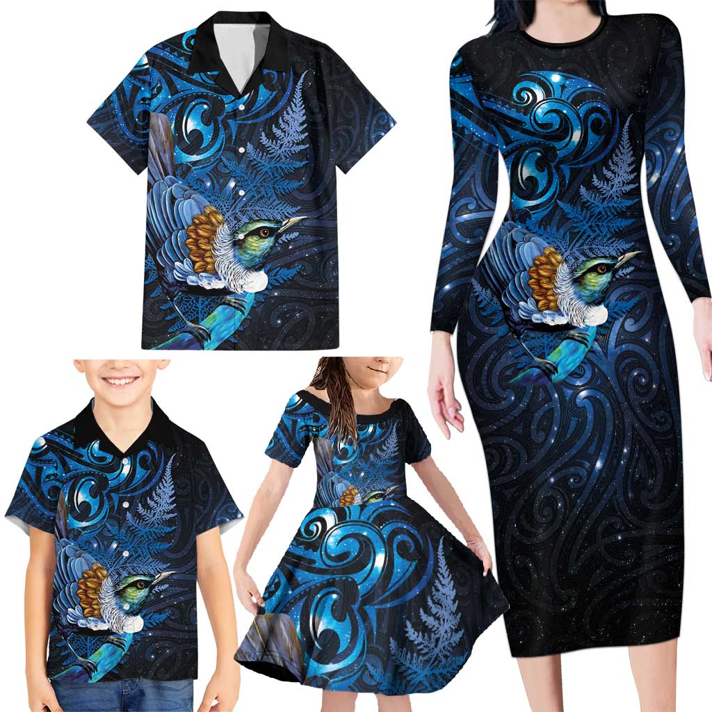 Aotearoa Matariki Family Matching Long Sleeve Bodycon Dress and Hawaiian Shirt Maori Tribal with Silver Fern and Tui Bird Galaxy Style - Aussie Hoodie