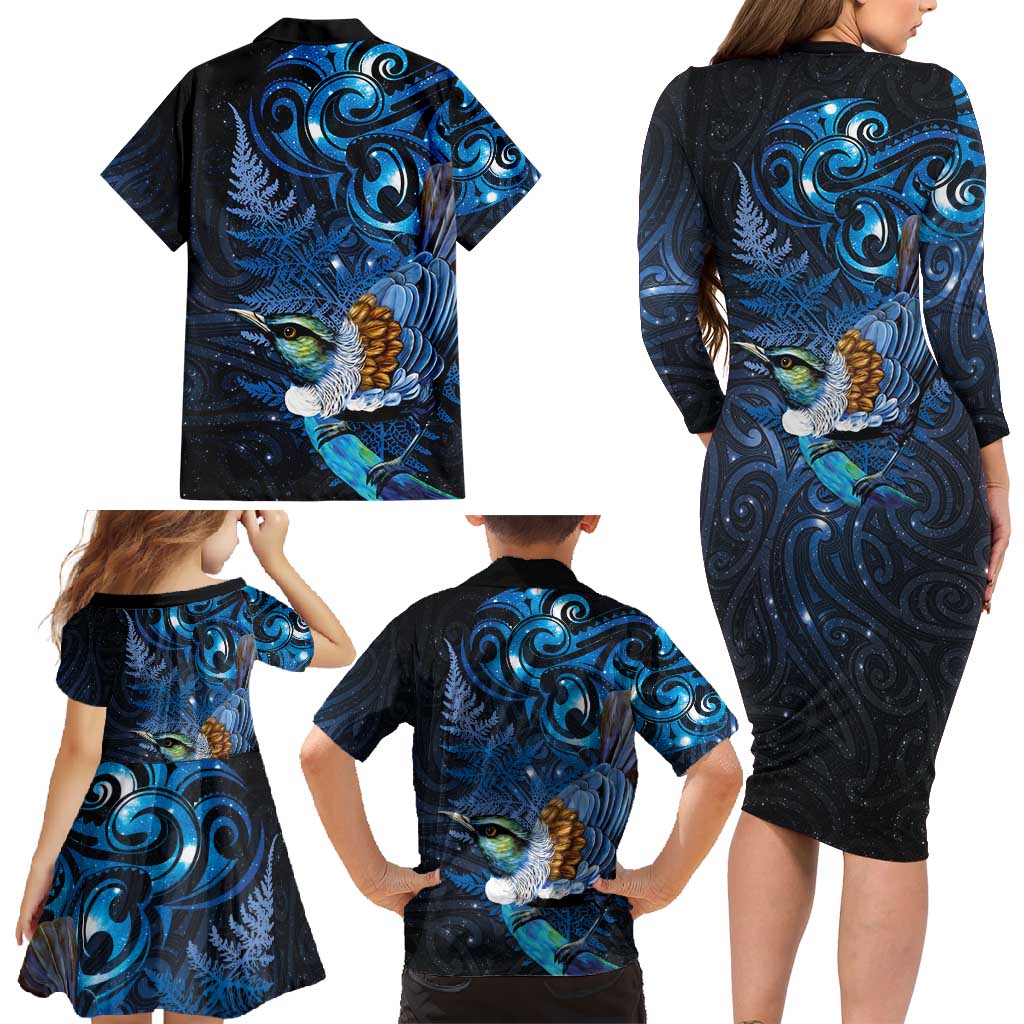 Aotearoa Matariki Family Matching Long Sleeve Bodycon Dress and Hawaiian Shirt Maori Tribal with Silver Fern and Tui Bird Galaxy Style - Aussie Hoodie