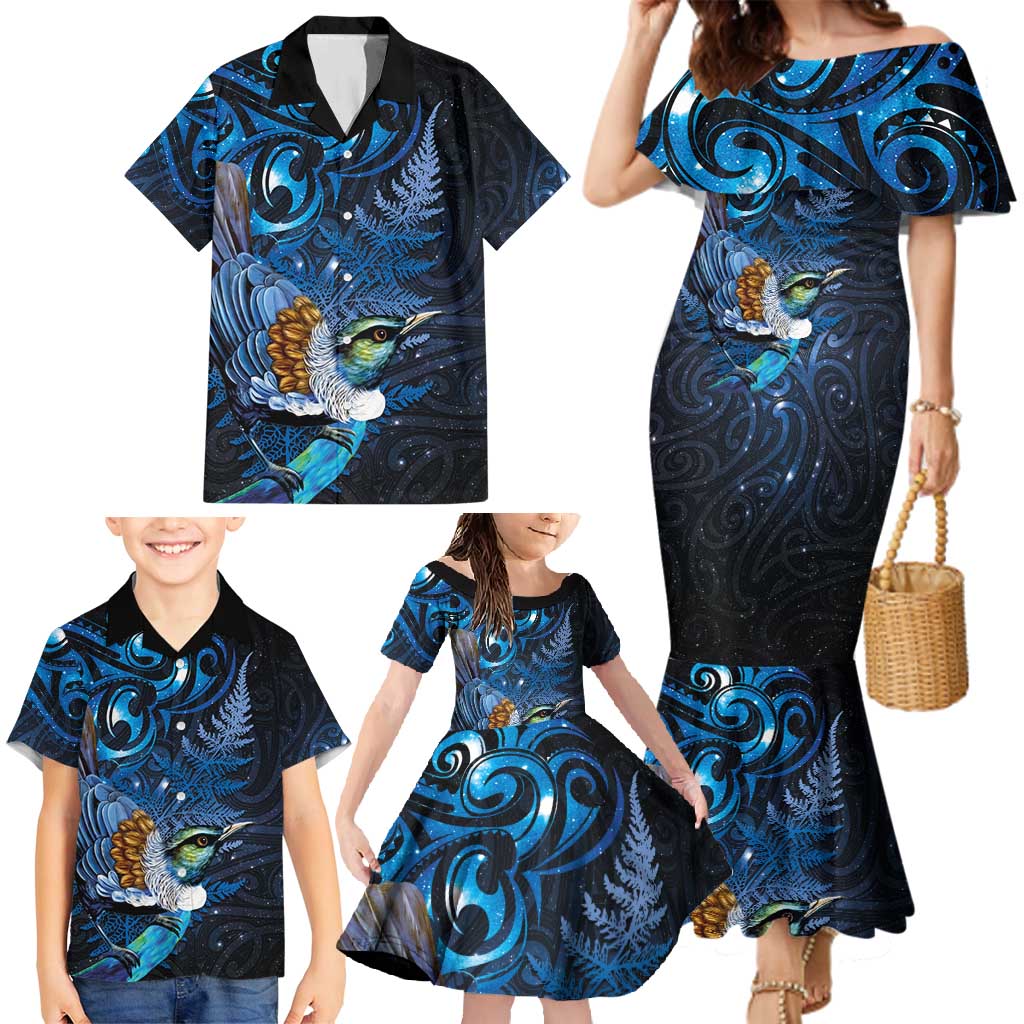 Aotearoa Matariki Family Matching Mermaid Dress and Hawaiian Shirt Maori Tribal with Silver Fern and Tui Bird Galaxy Style - Aussie Hoodie