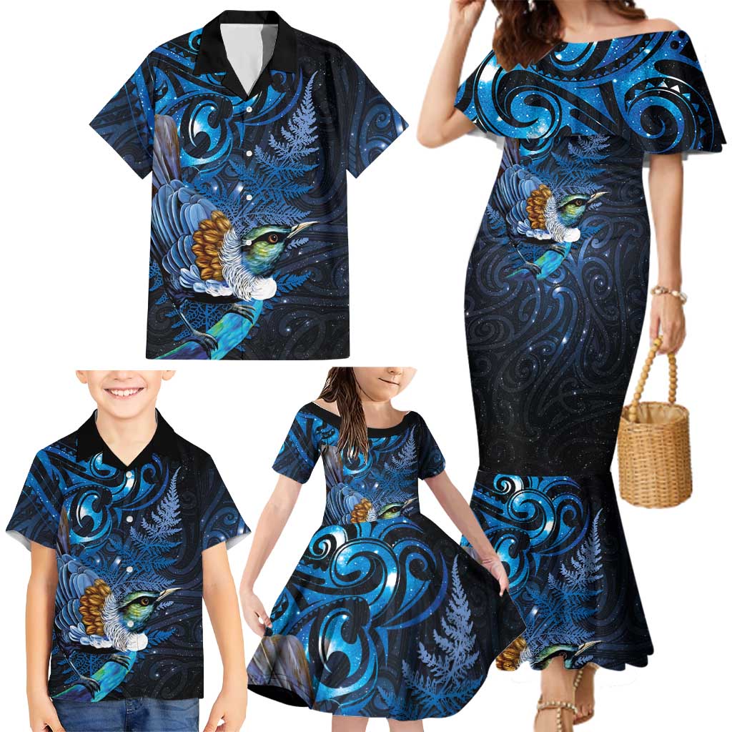 Aotearoa Matariki Family Matching Mermaid Dress and Hawaiian Shirt Maori Tribal with Silver Fern and Tui Bird Galaxy Style - Aussie Hoodie