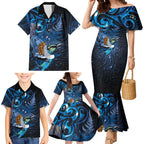 Aotearoa Matariki Family Matching Mermaid Dress and Hawaiian Shirt Maori Tribal with Silver Fern and Tui Bird Galaxy Style - Aussie Hoodie