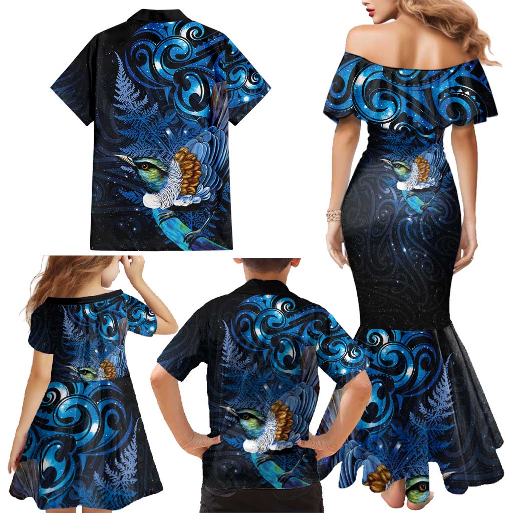 Aotearoa Matariki Family Matching Mermaid Dress and Hawaiian Shirt Maori Tribal with Silver Fern and Tui Bird Galaxy Style - Aussie Hoodie