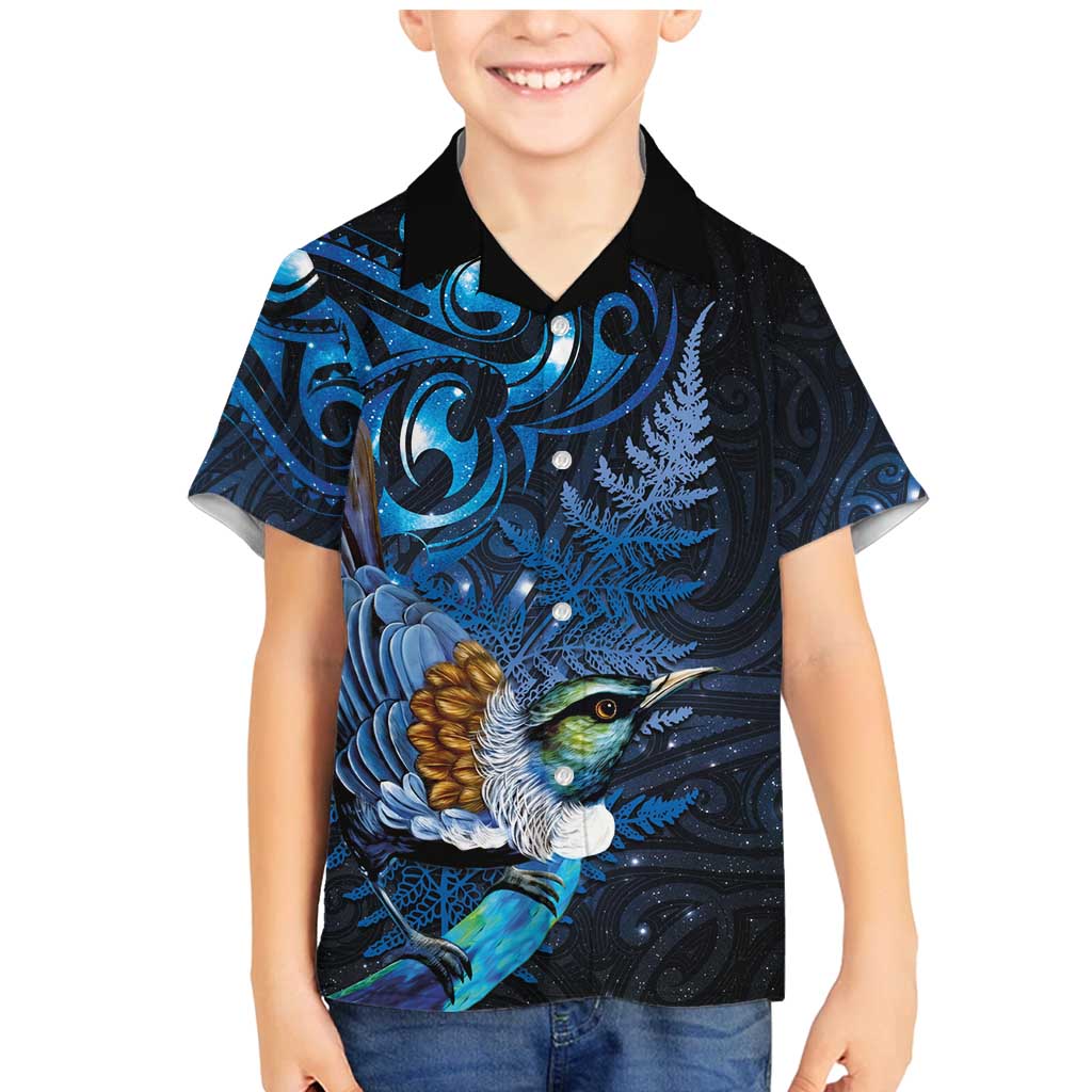 Aotearoa Matariki Family Matching Mermaid Dress and Hawaiian Shirt Maori Tribal with Silver Fern and Tui Bird Galaxy Style - Aussie Hoodie