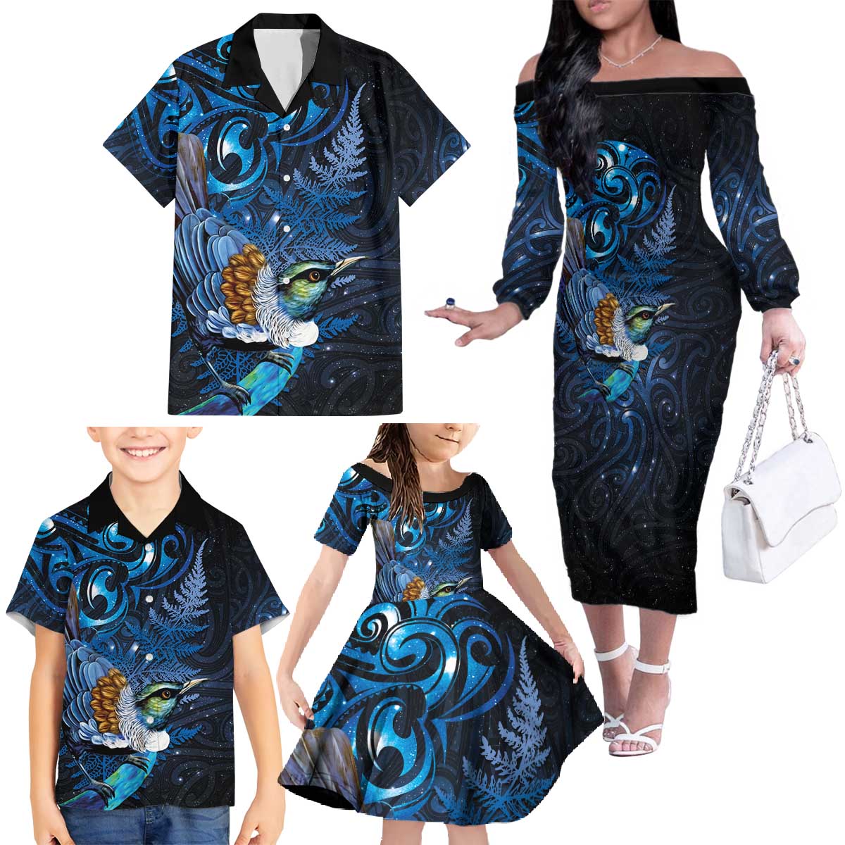 Aotearoa Matariki Family Matching Off The Shoulder Long Sleeve Dress and Hawaiian Shirt Maori Tribal with Silver Fern and Tui Bird Galaxy Style - Aussie Hoodie