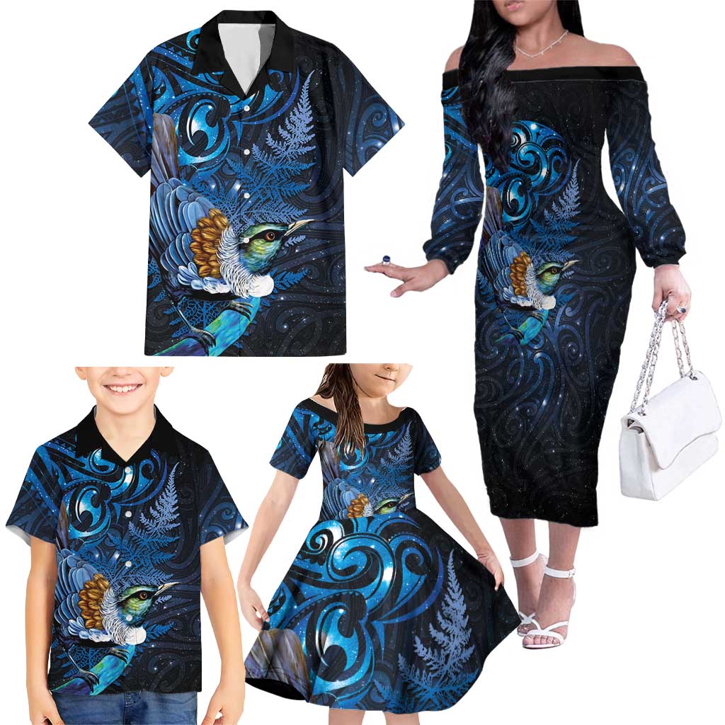 Aotearoa Matariki Family Matching Off The Shoulder Long Sleeve Dress and Hawaiian Shirt Maori Tribal with Silver Fern and Tui Bird Galaxy Style - Aussie Hoodie
