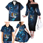 Aotearoa Matariki Family Matching Off The Shoulder Long Sleeve Dress and Hawaiian Shirt Maori Tribal with Silver Fern and Tui Bird Galaxy Style - Aussie Hoodie