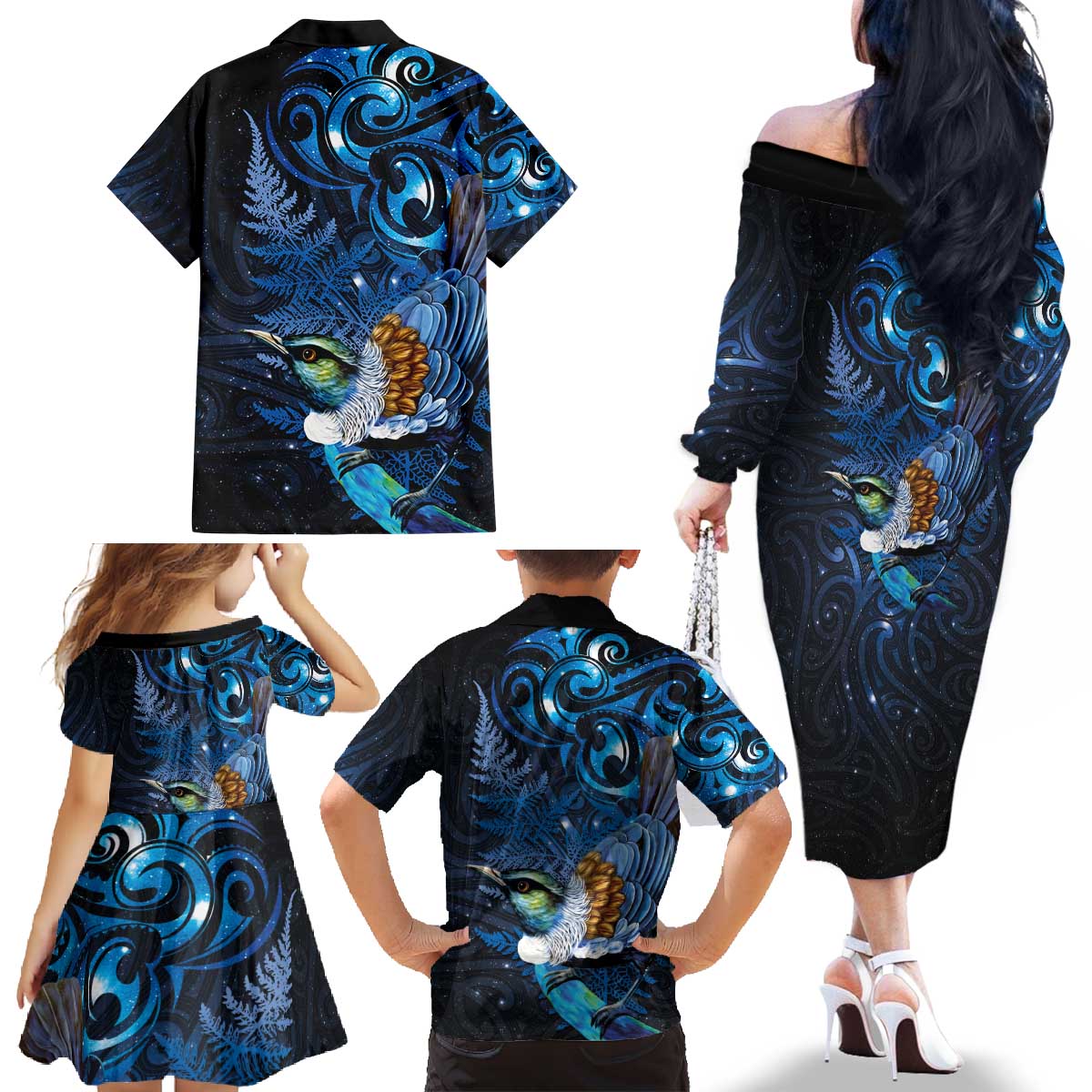 Aotearoa Matariki Family Matching Off The Shoulder Long Sleeve Dress and Hawaiian Shirt Maori Tribal with Silver Fern and Tui Bird Galaxy Style - Aussie Hoodie
