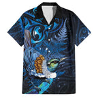 Aotearoa Matariki Family Matching Off The Shoulder Long Sleeve Dress and Hawaiian Shirt Maori Tribal with Silver Fern and Tui Bird Galaxy Style - Aussie Hoodie
