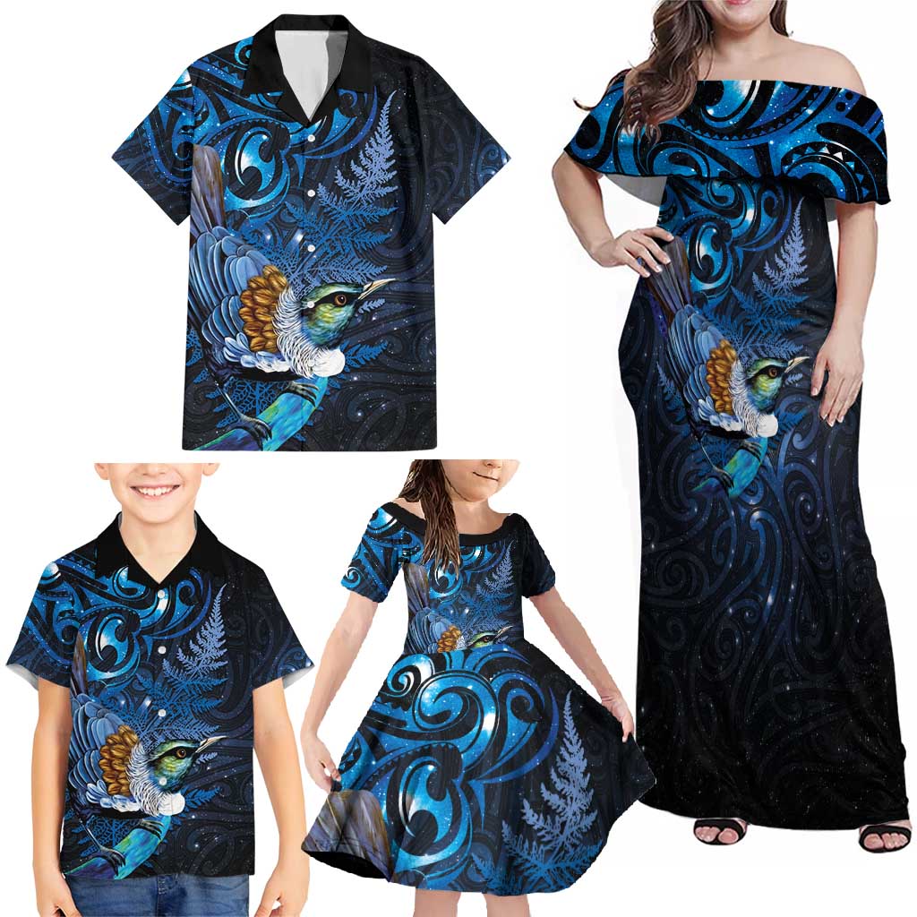 Aotearoa Matariki Family Matching Off Shoulder Maxi Dress and Hawaiian Shirt Maori Tribal with Silver Fern and Tui Bird Galaxy Style - Aussie Hoodie