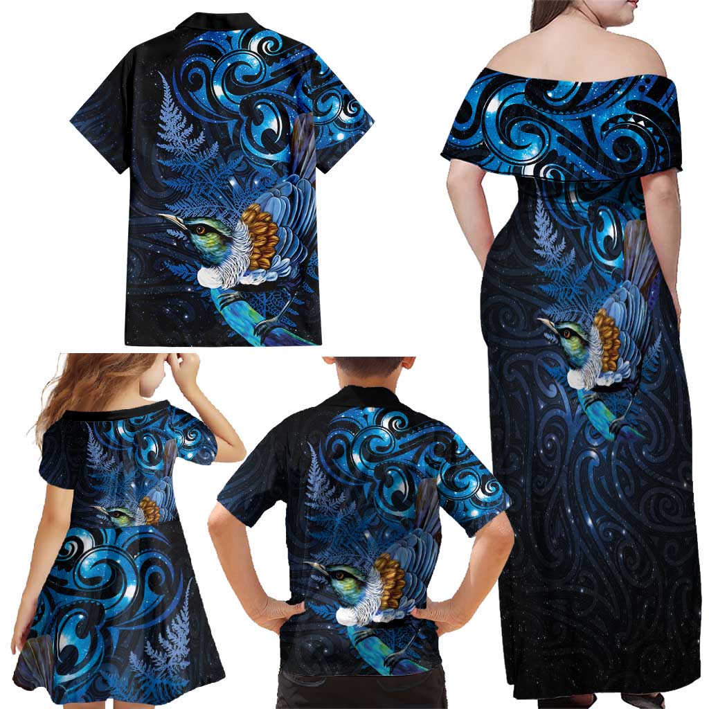 Aotearoa Matariki Family Matching Off Shoulder Maxi Dress and Hawaiian Shirt Maori Tribal with Silver Fern and Tui Bird Galaxy Style - Aussie Hoodie