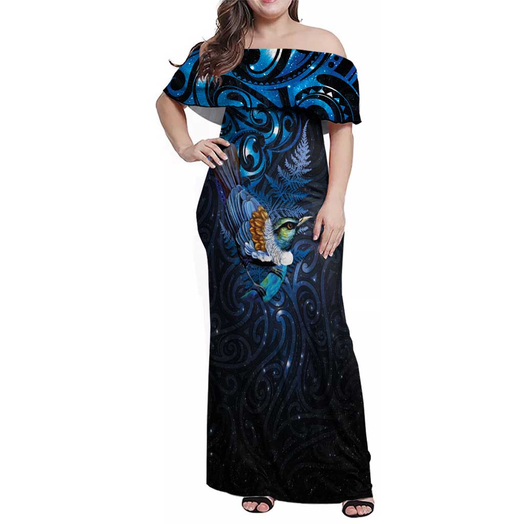 Aotearoa Matariki Family Matching Off Shoulder Maxi Dress and Hawaiian Shirt Maori Tribal with Silver Fern and Tui Bird Galaxy Style - Aussie Hoodie