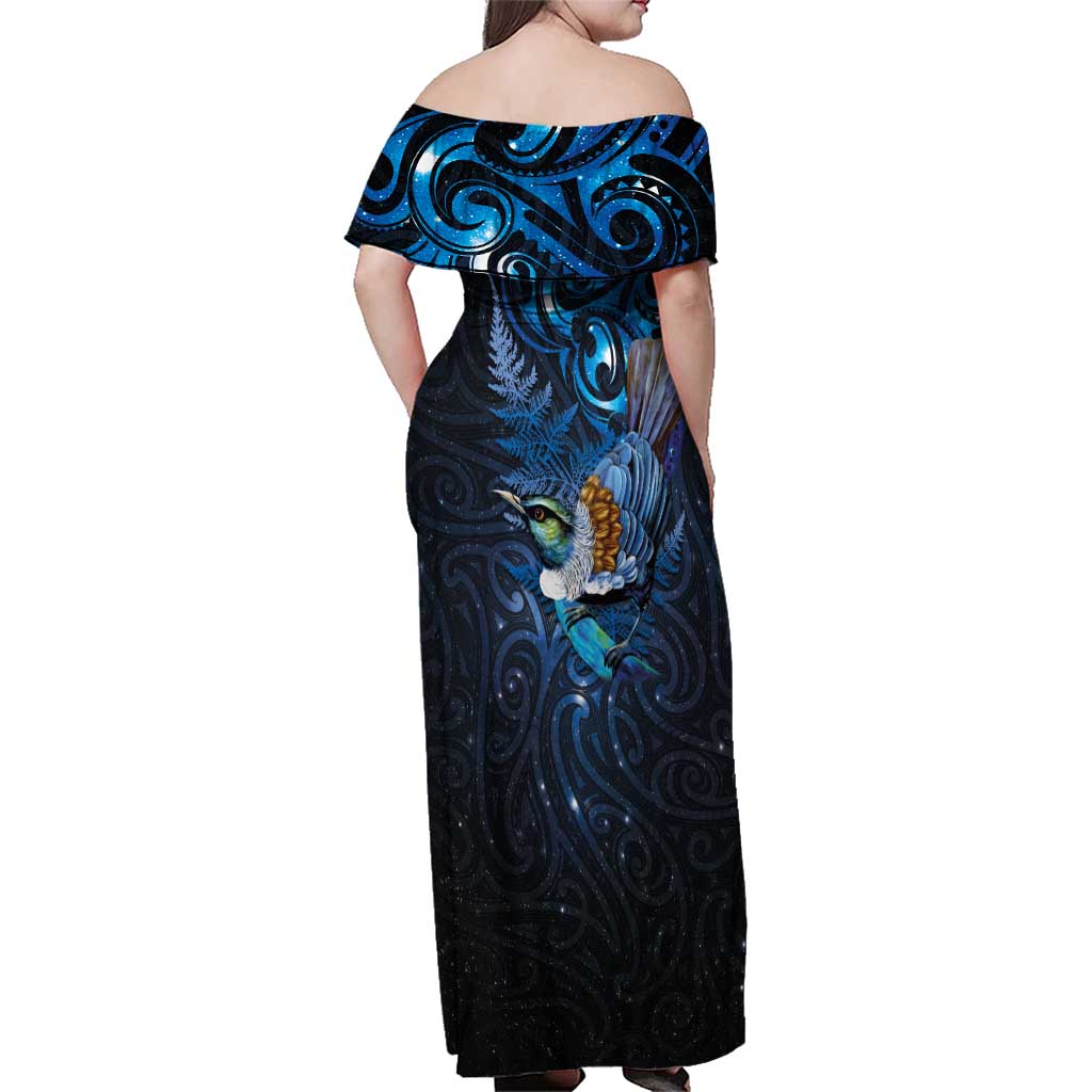 Aotearoa Matariki Family Matching Off Shoulder Maxi Dress and Hawaiian Shirt Maori Tribal with Silver Fern and Tui Bird Galaxy Style - Aussie Hoodie