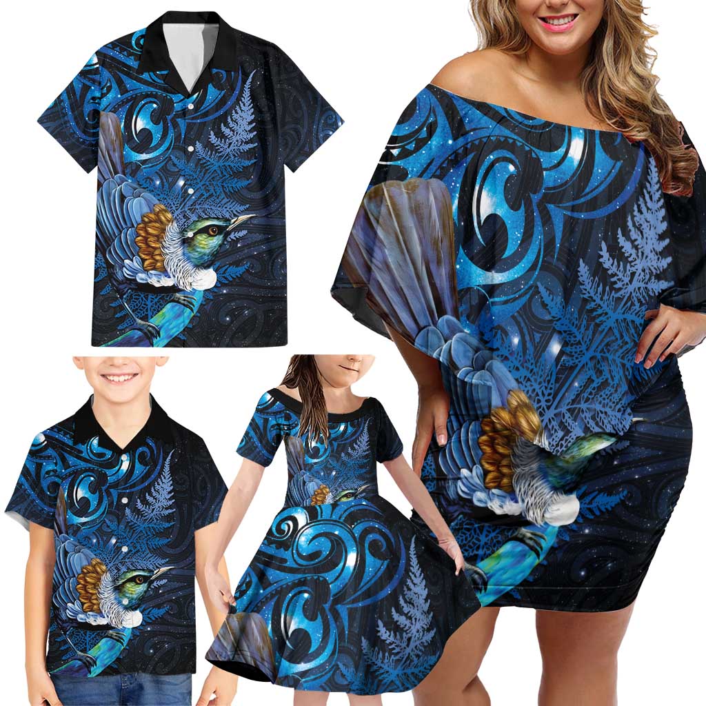 Aotearoa Matariki Family Matching Off Shoulder Short Dress and Hawaiian Shirt Maori Tribal with Silver Fern and Tui Bird Galaxy Style - Aussie Hoodie